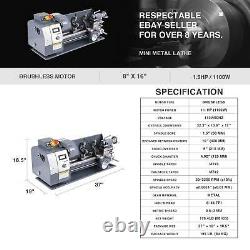 8× 16 Mini Metal Lathe 1100W Metal Gear Digital Display 9 Turning Tools