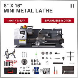 Tour à métaux mini 8 × 16 en métal 1100W avec engrenage métallique, affichage numérique et 9 outils de tournage.